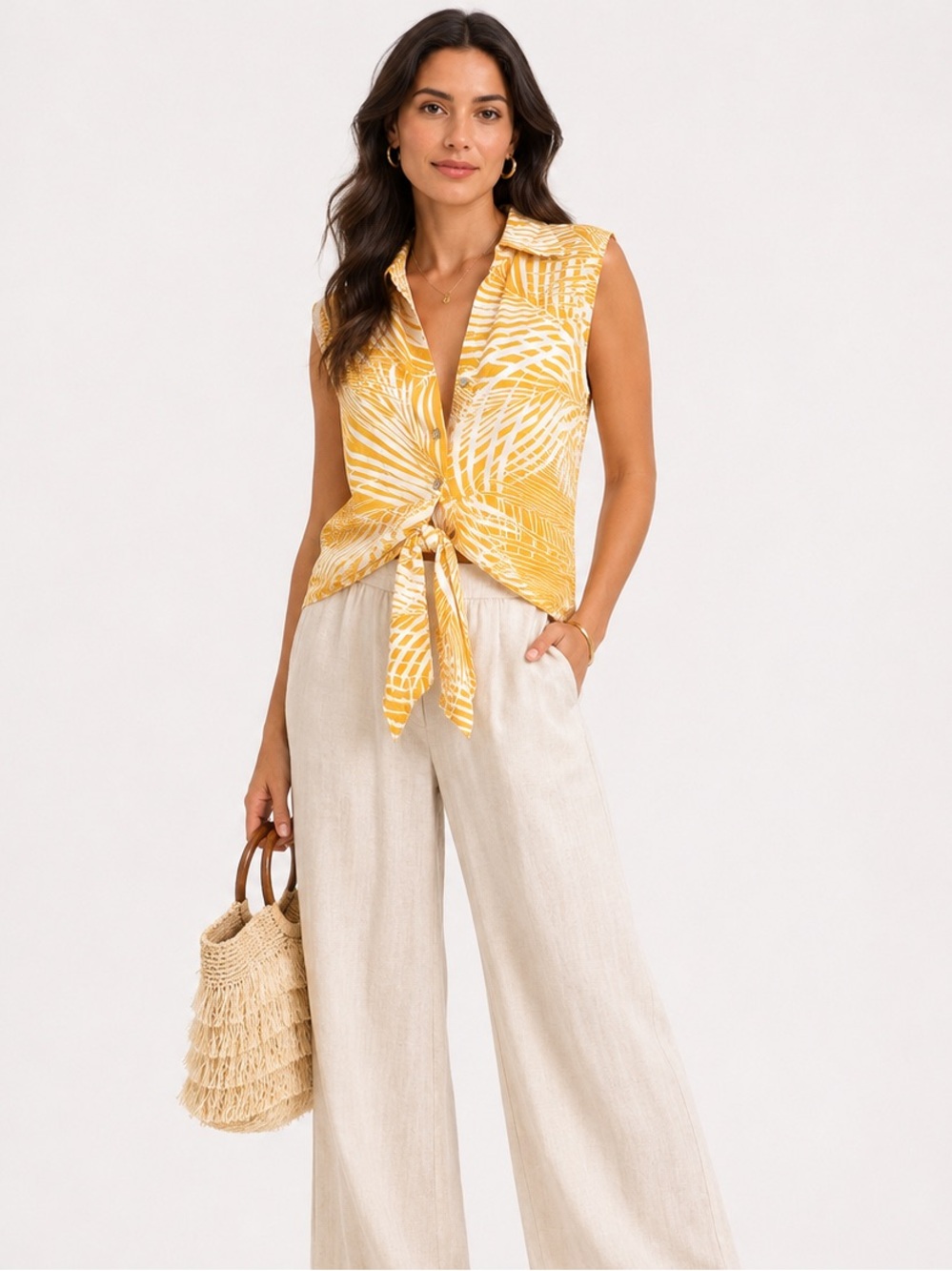 Panama Jack Yellow Palm-Print Tie-Front Sleeveless Blouse